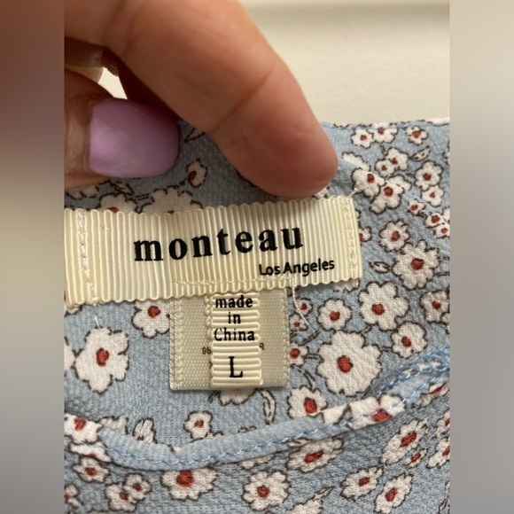 Monteau blue and cream flowered ruffle sleeved dress women's Large - Picture 2 of 9